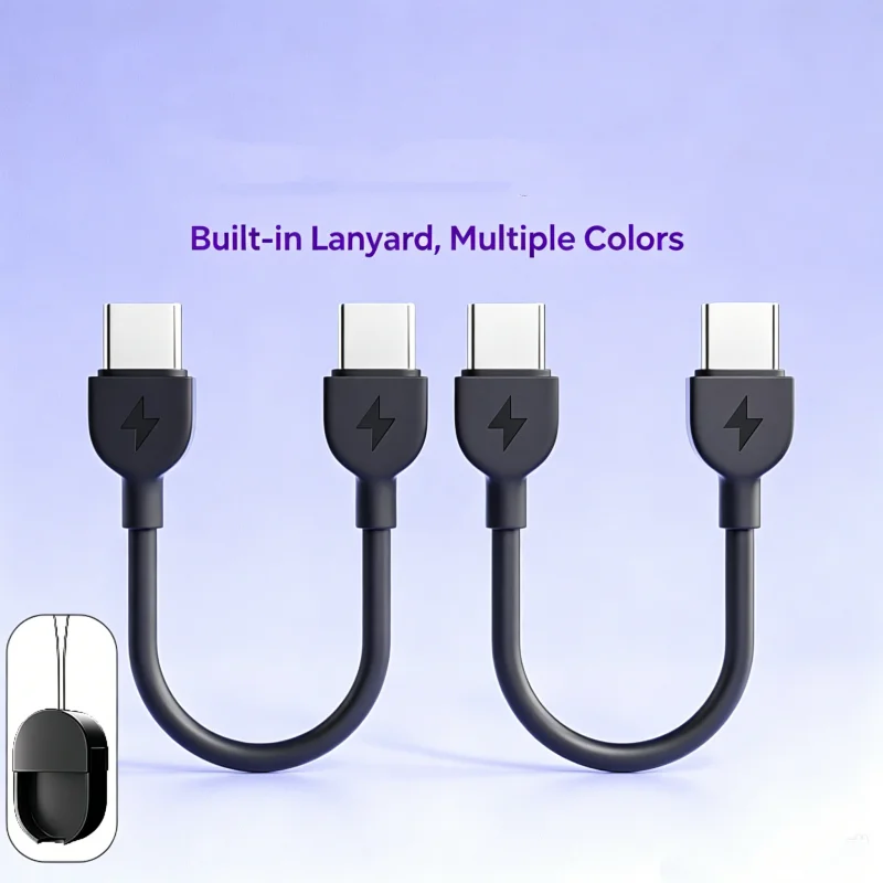 60W Portable Lanyard Short Cable USB A to Type C 17cm Storage Anti-lost Strap Data Charging ，Micro USB 0.3m Cable