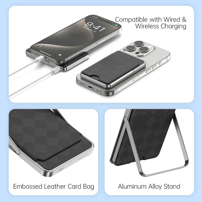 For IPhone 16 15 14 Pro Max with Holder Power Bank 5000mAh Magnetic Battery with Stand Card Bag Power Bank