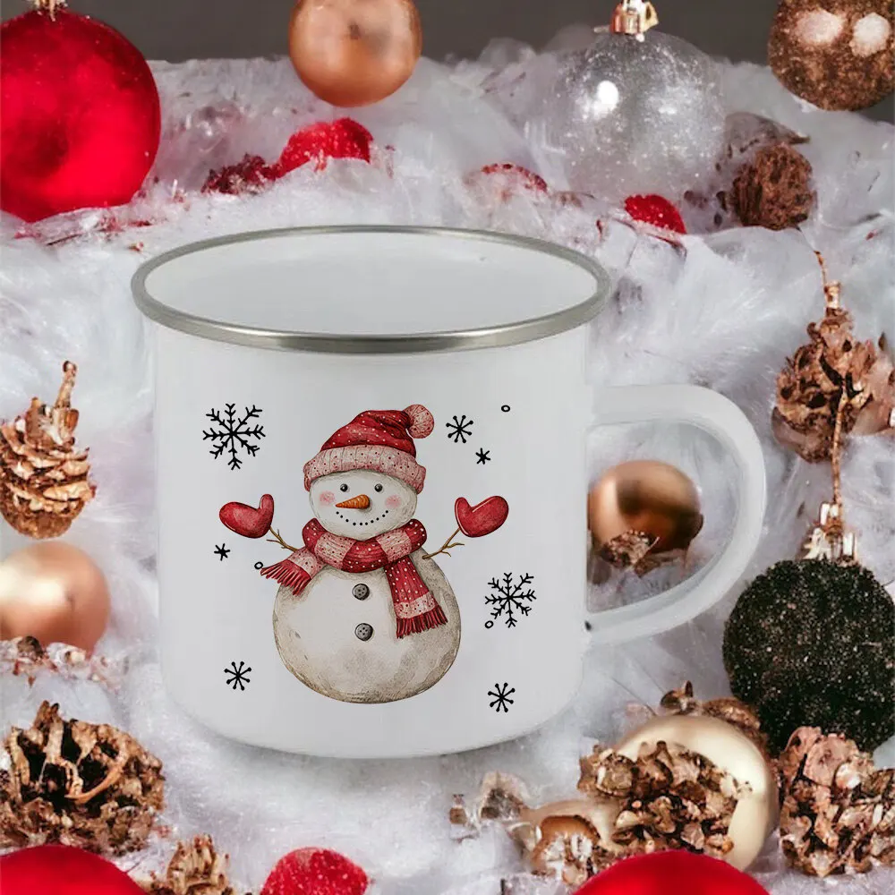 Snowman Printed Child Christmas Mug Mug Hot Cocoa Chocolate Mug Drink Jiuce Cup Christmas Decor Enamel Mugs Xmas Gift for Kids