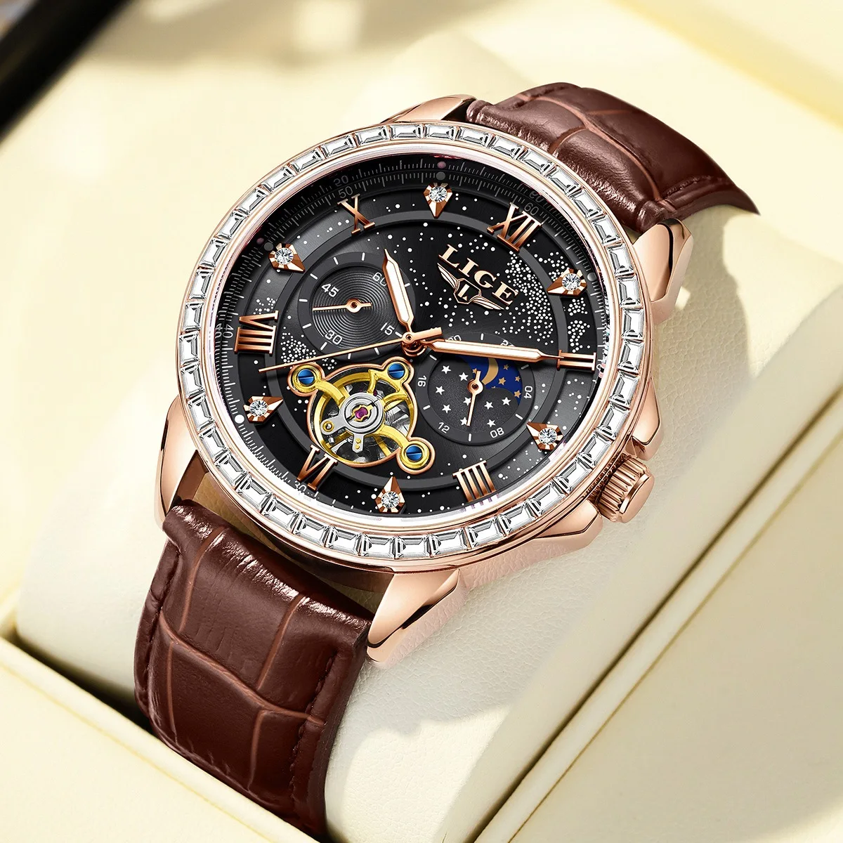 LIGE Men Quartz Watch, Starry Sky Hollow Dial, Diamond Bezel, Blue Leather Strap, Waterproof Luminous Male Business Wristwatch