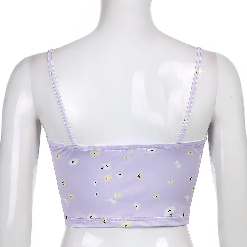 2024 Women Purple Sweet Floral Printed Y2k Camis Top Tee Cute Patchwork Corset Breasted Lace Beach Party Harajuku Outfits Summer