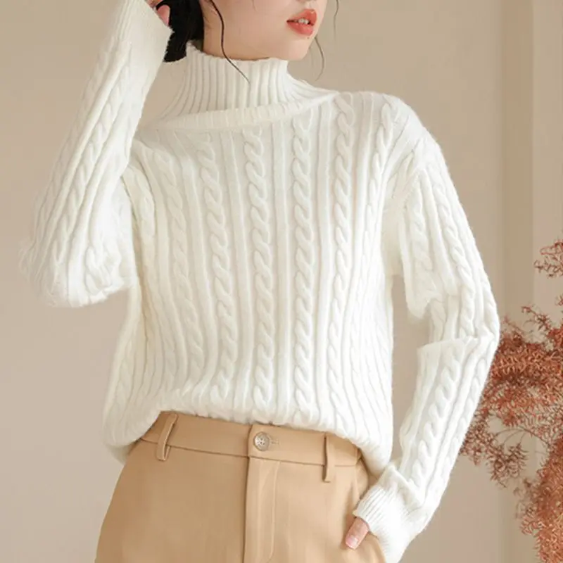 Women's Clothing Korean Long Sleeve High-neck Autumn Winter Solid Color Pullover Sweater Knitted Screw Thread Casual Retro Tops