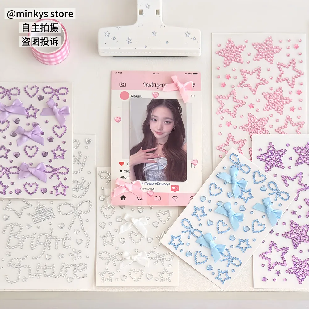 4pcs/5pcs Pack Kpop Photocard Deco Stickers Pink Silver Rhinestone Bow Star Heart 3D Stickers Bling DIY Scrapbooking Sticker