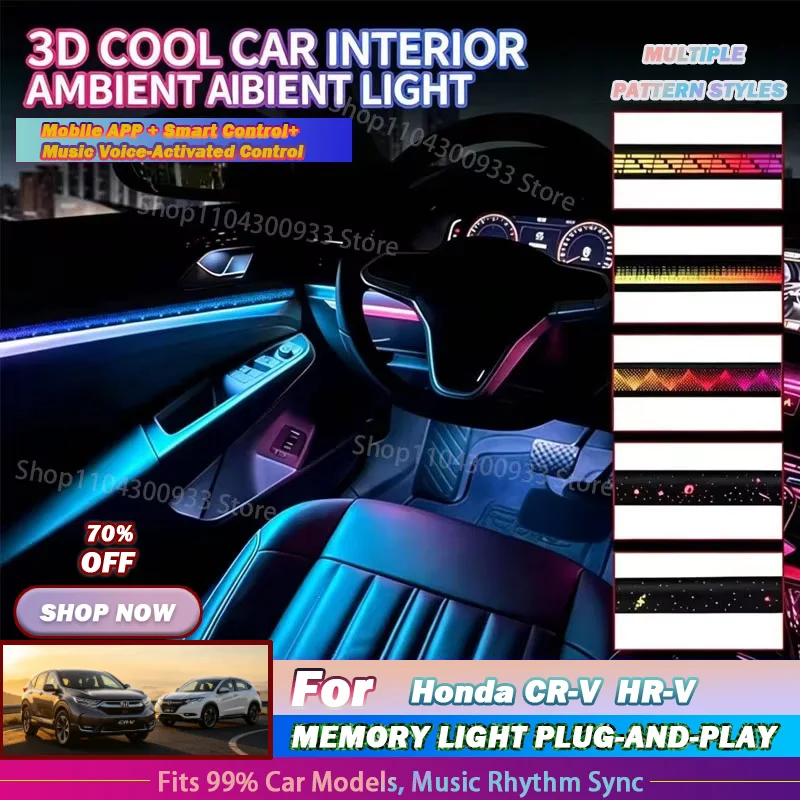 For Honda CR‑V  HR‑V LED Car Interior Ambient Strip Lights RGB Fiber Optic Atmosphere Neon Lighting APP Auto Decorative Lamps