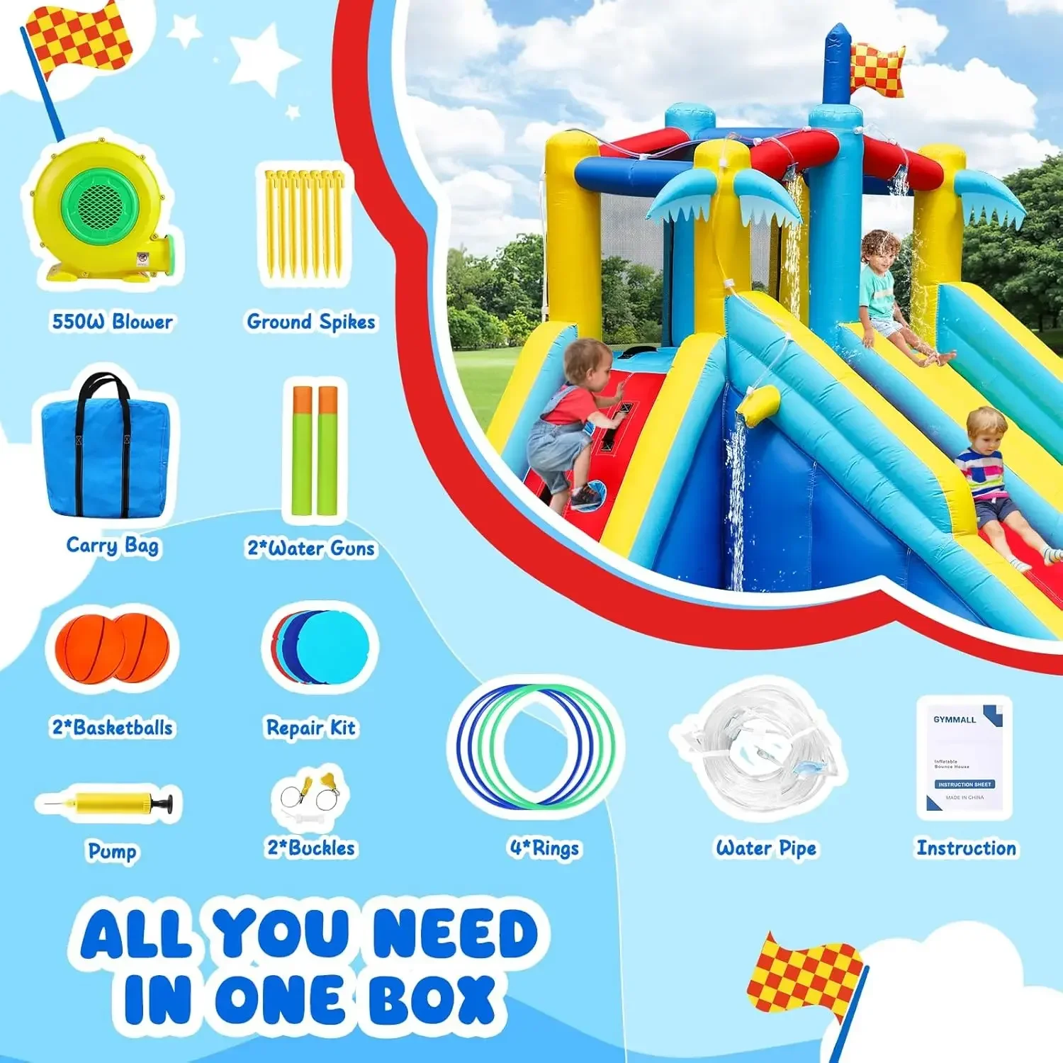 Scivolo gonfiabile con ventilatore da 550 W, castello gonfiabile per parco con scivolo idrico 8 in 1 per bambini Casa di rimbalzo per esterni e interni