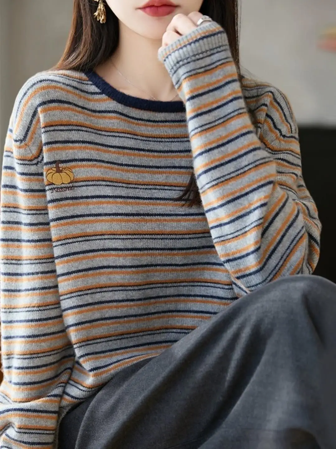

High-End Knitted Sweater Women's Autumn Winter Pumpkin Embroidery Slim Fit Striped Base irt Button Clip Tag Color Blo Swe...