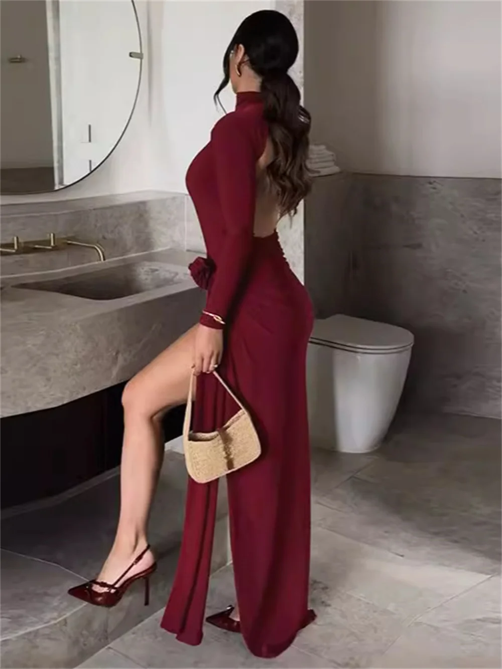 

Autumn winter 2024 women's new temperament high-neck halter long-sleeved onesie sexy split skirt suit