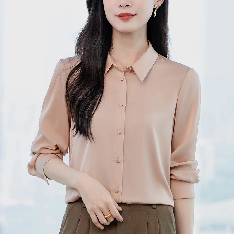 

New Real Silk Elegant Fashion Shirts Blouses Women Long Sleeve Turn-down Collar Women's Basic Shirt Solid Office Lady Blouse