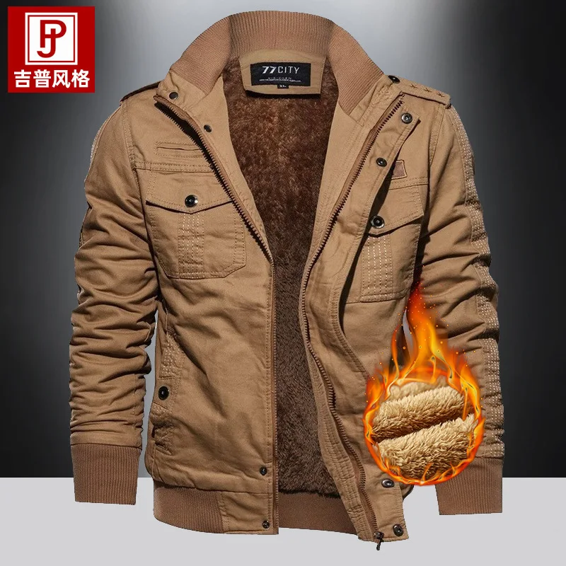 Autumn Winter Thick Stand Collar Washed Cotton Jacket Men's Plus Size Casual Outerwear