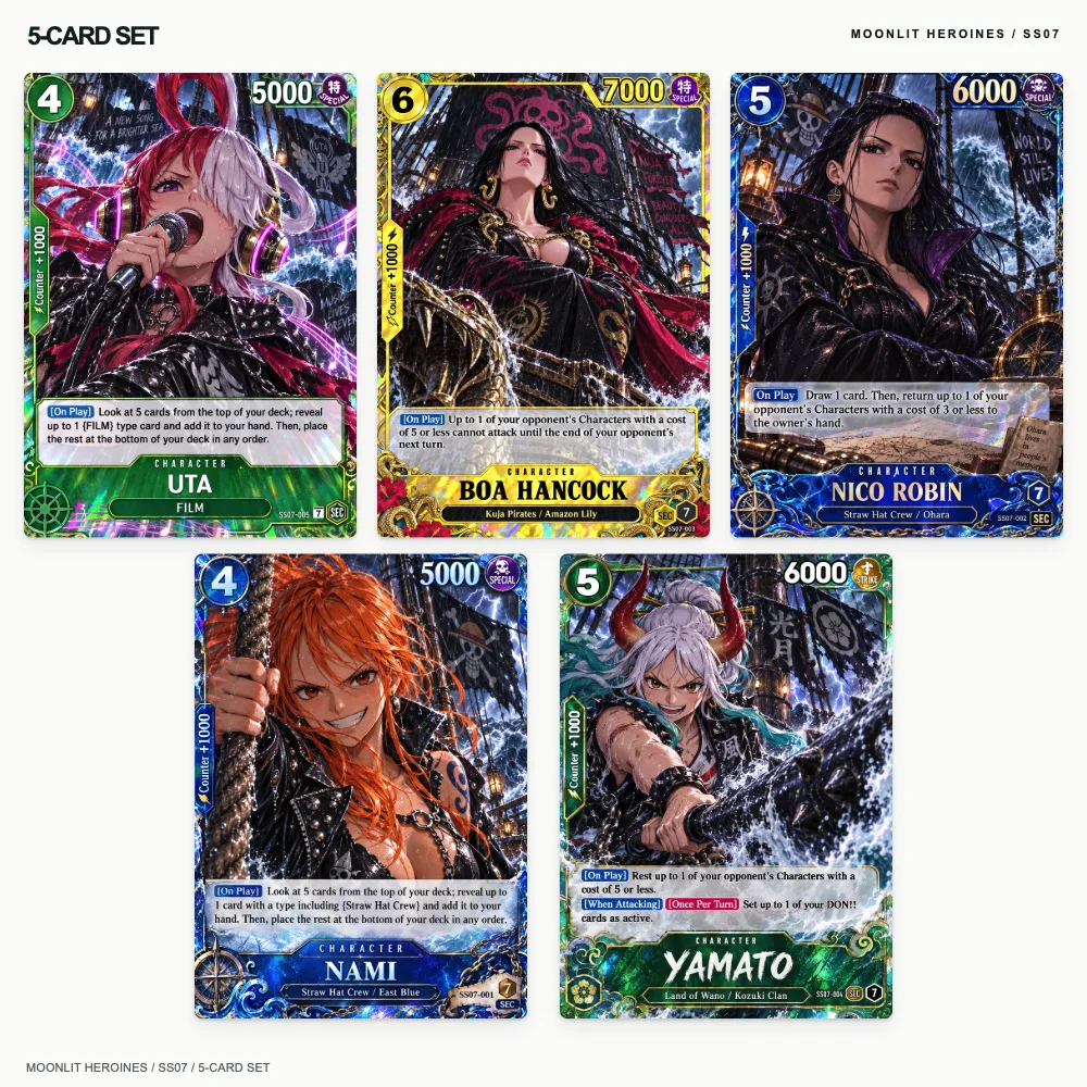 5pcs One Piece Holographic Cards Moonlit Heroines Uta Hancock Robin Nami Yamato English Collectible Trading Gift Set 63x88mm