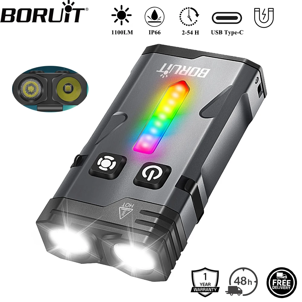 BORUiT EV10 1100LM LED Keychain EDC Flashlight Type-C Rechargeable Work Light Torch with Magnet for Camping Pocket Lantern