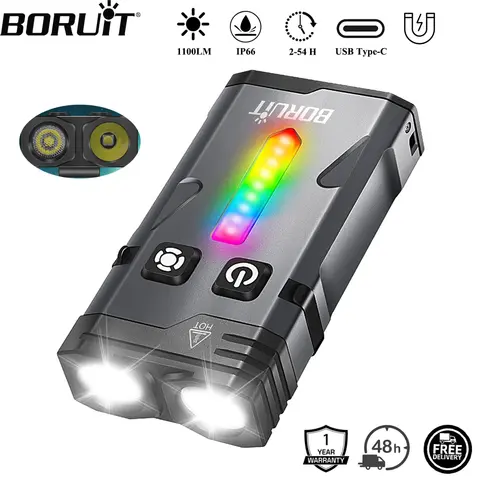 BORUiT EV10 1100LM LED Keychain EDC Flashlight Type-C Rechargeable Work Light Torch with Magnet for Camping Pocket Lantern