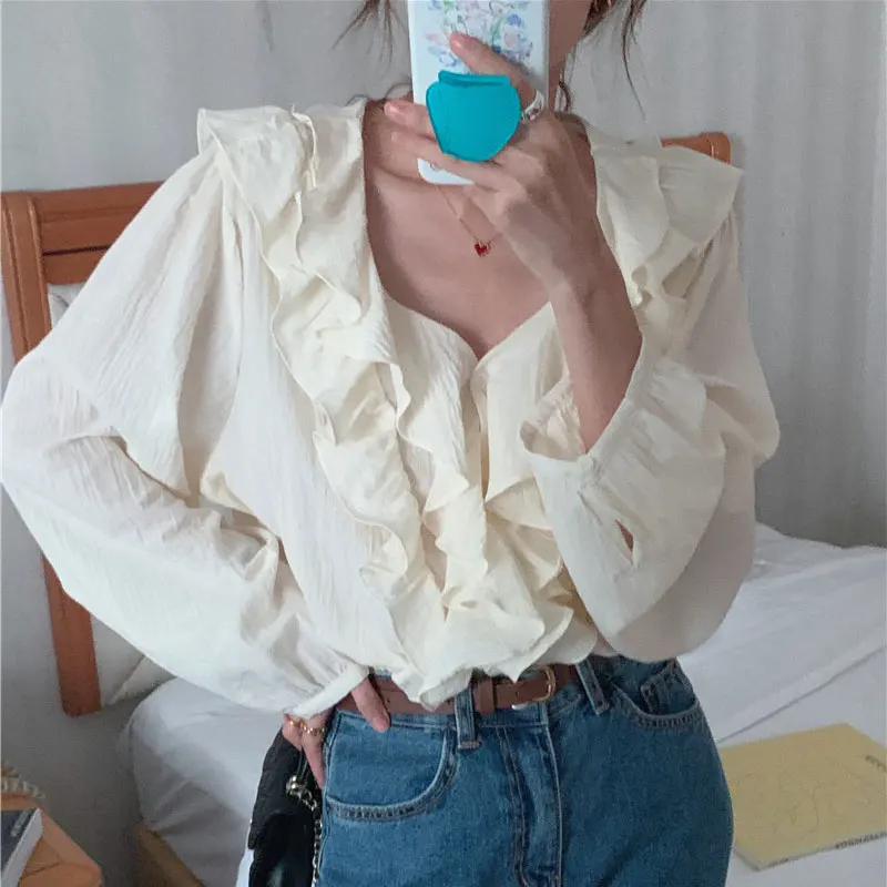 

Шикарный женский свободный универсальный топ с V-образным вырезом Bubble Sve irt, осенний топ Bell Design Sweet Sle Long Sve