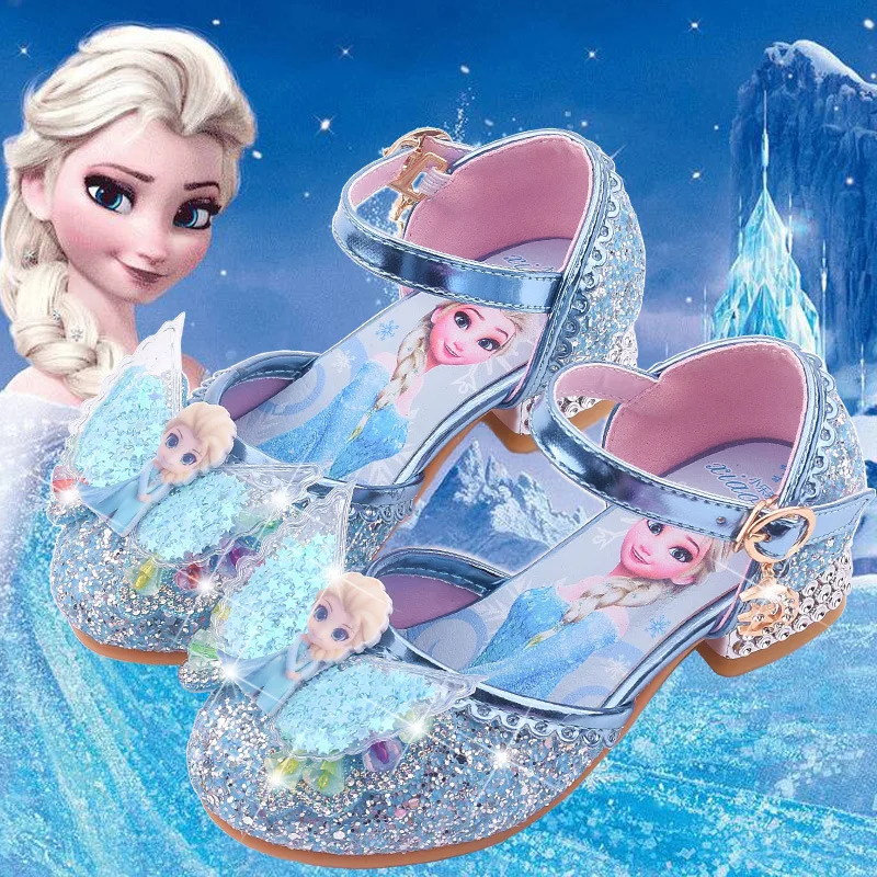 2024 Disney Frozen Kids Leather For Girls Children High Heel Elsa Princess Casual Glitter Party Dress Shoes With Butterfly Knot