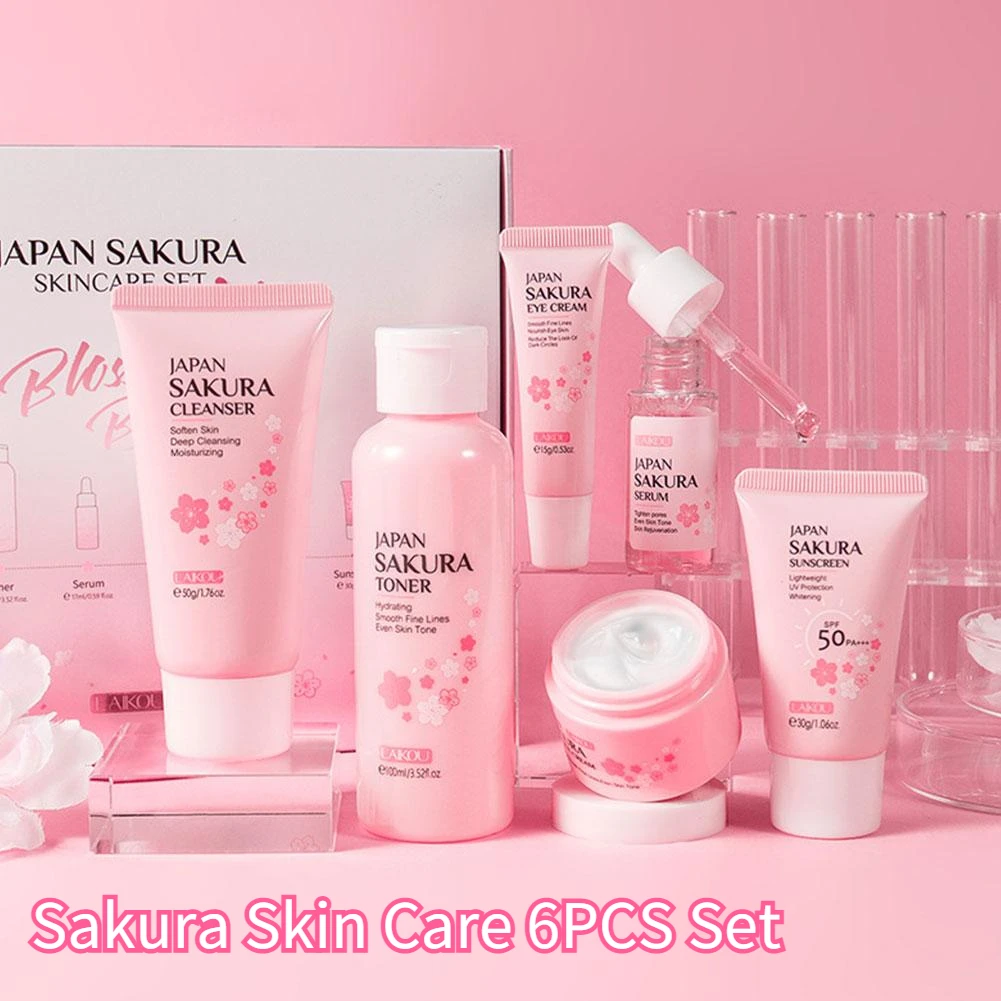 6 unids/set Sakura juegos de cuidado de la piel crema Facial suero tóner limpiador Facial protector solar crema de ojos cara cuidado de la piel conjunto producto caja de regalo