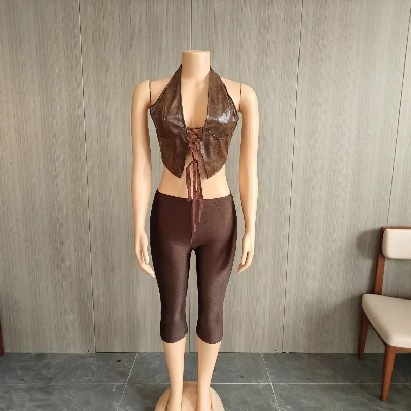 

Укороченные топы на бретельках из искусственной кожи на шнуровке с V-образным вырезом и открытой спиной + узкие брюки длиной до икры, женские сексуальные комплекты из 2 предметов, повседневные костюмы, клубная одежда