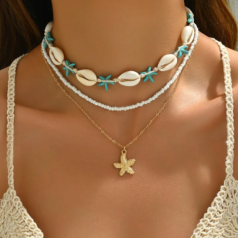 3 Pieces Fashion Bohemian Ocean Beach Shell Starfish Necklace Women's Trend Stacking Triple Layers Collarbone Chain