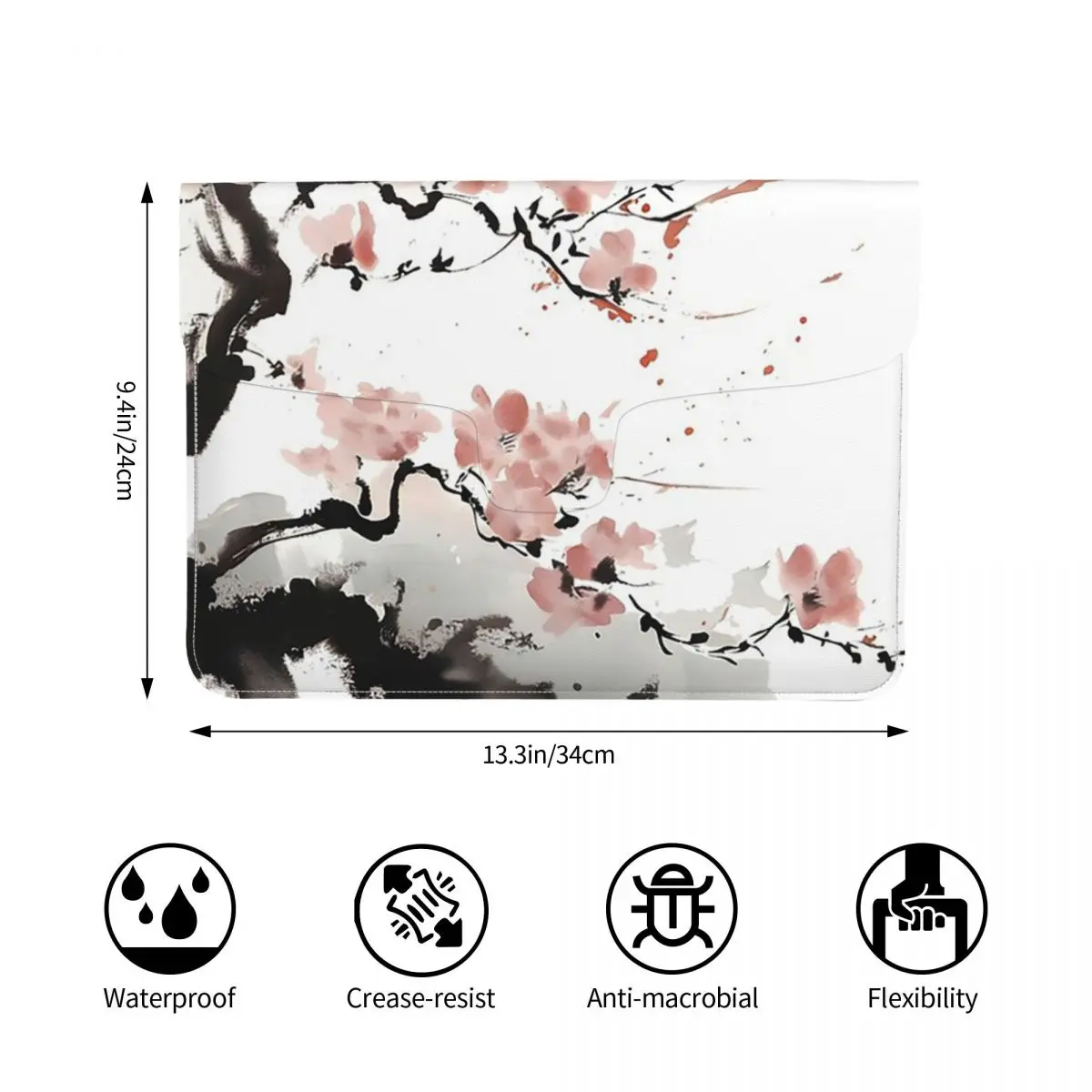 Japanese Sakura Floral Cherry Blossom Branch PU Leather Horizontal Laptop Sleeve Shockproof Soft Lining Notebook Case 13 Inch