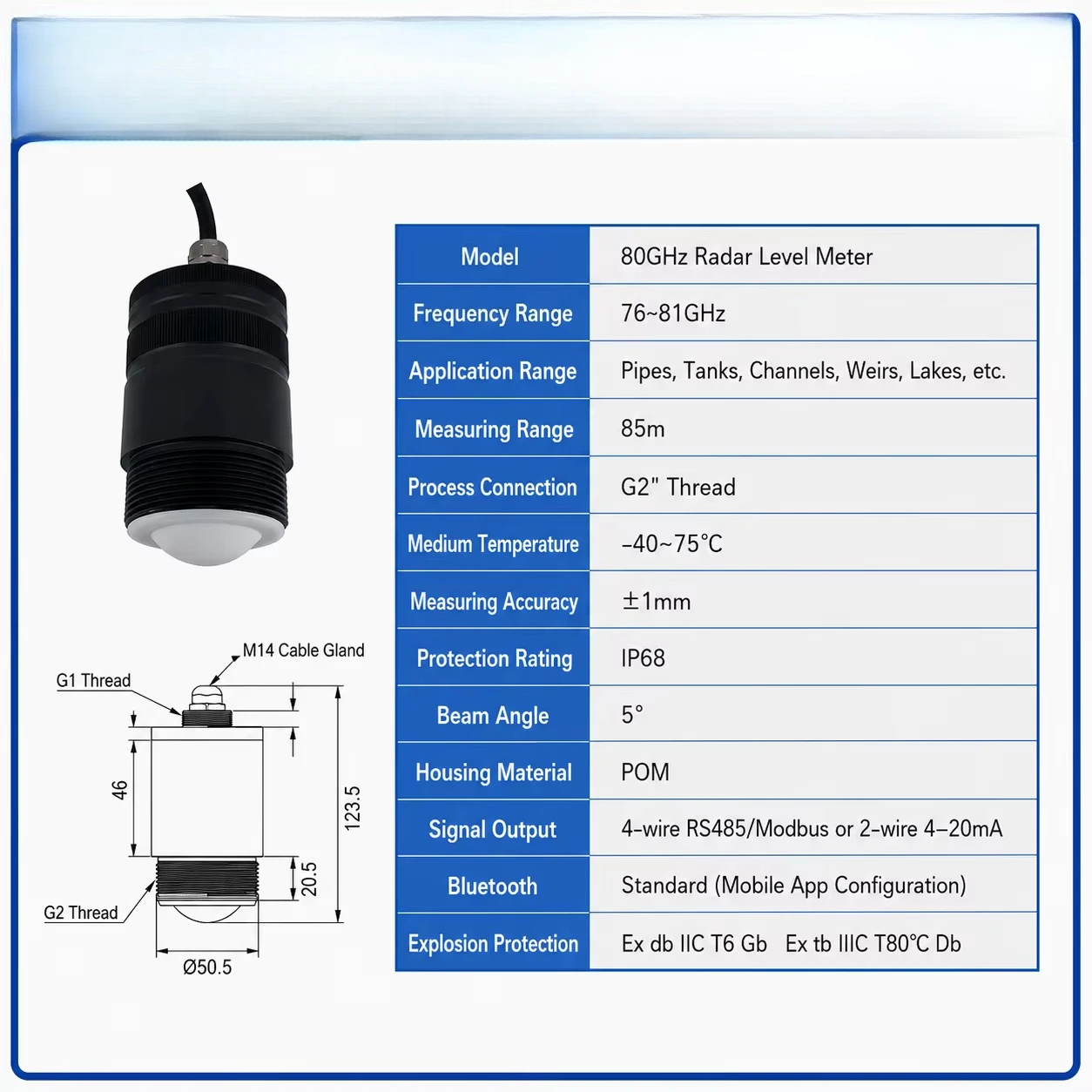 AICE TECH 80Ghz High Frequency Level Sensor for Liquid and Solid Silos Non Contact Radar Level Gauge Sensor 1mm  0m~85m