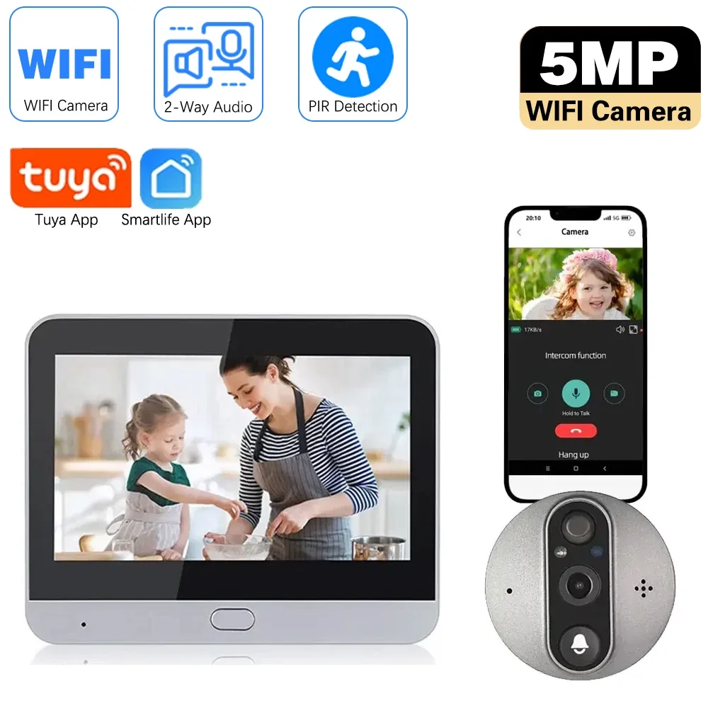 5MP Tuya SmartLife Button Doorbell 5000mAh Wire-Free Peephole Door Eye Camera Video Intercom Home Security 4.3 Inch Baby Monitor