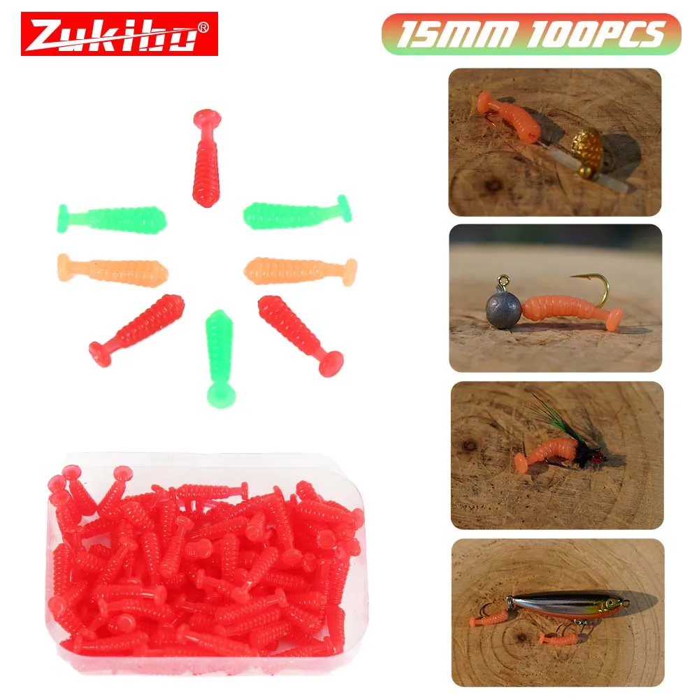 

ZUKIBO 100pcs 15mm Mini Thread T tail Fishing Tackle Artificial Silicone Soft Bait Worm Lure Wobbler Swimming Carp Fishing Lures