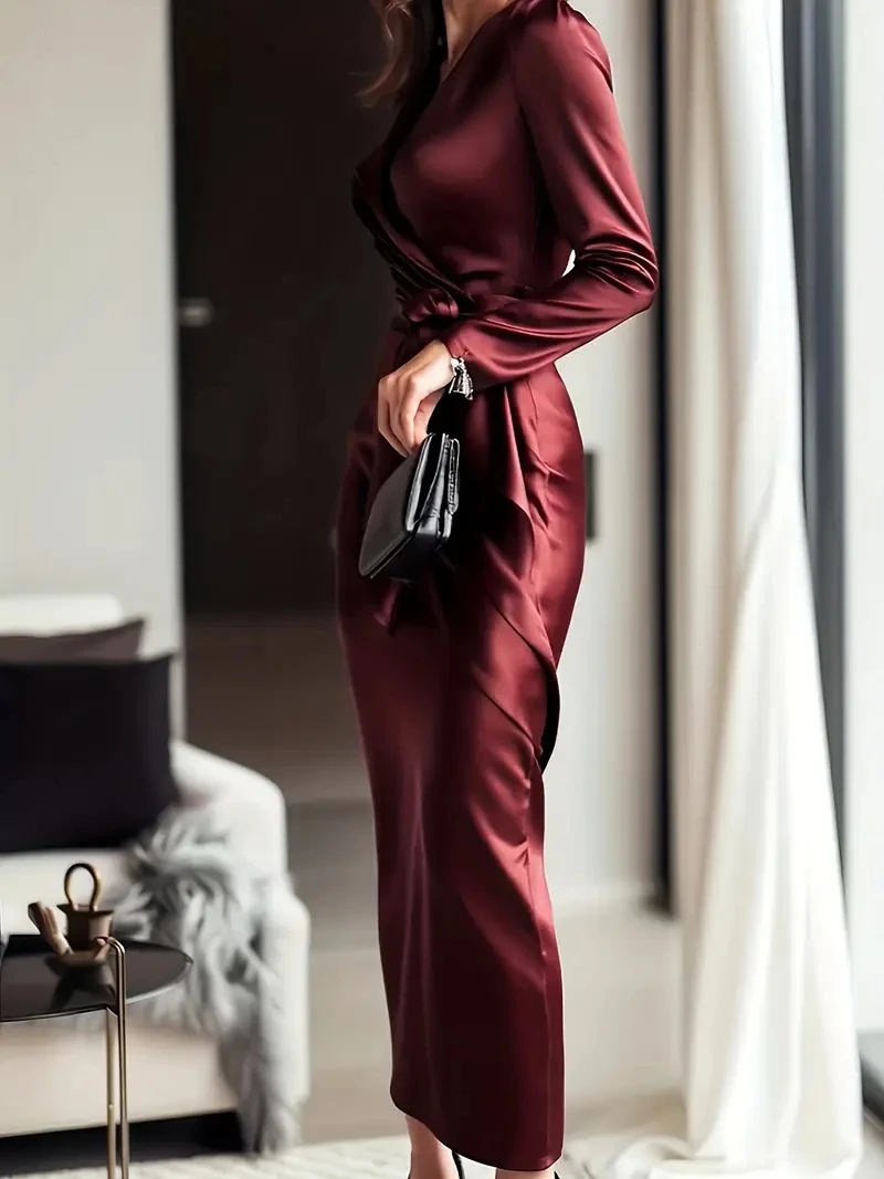 Herbstliches, elegantes Kleid im Hepburn-Stil mit langen Ärmeln, Spitze und tailliertem Schnitt für Damen – Detail 8