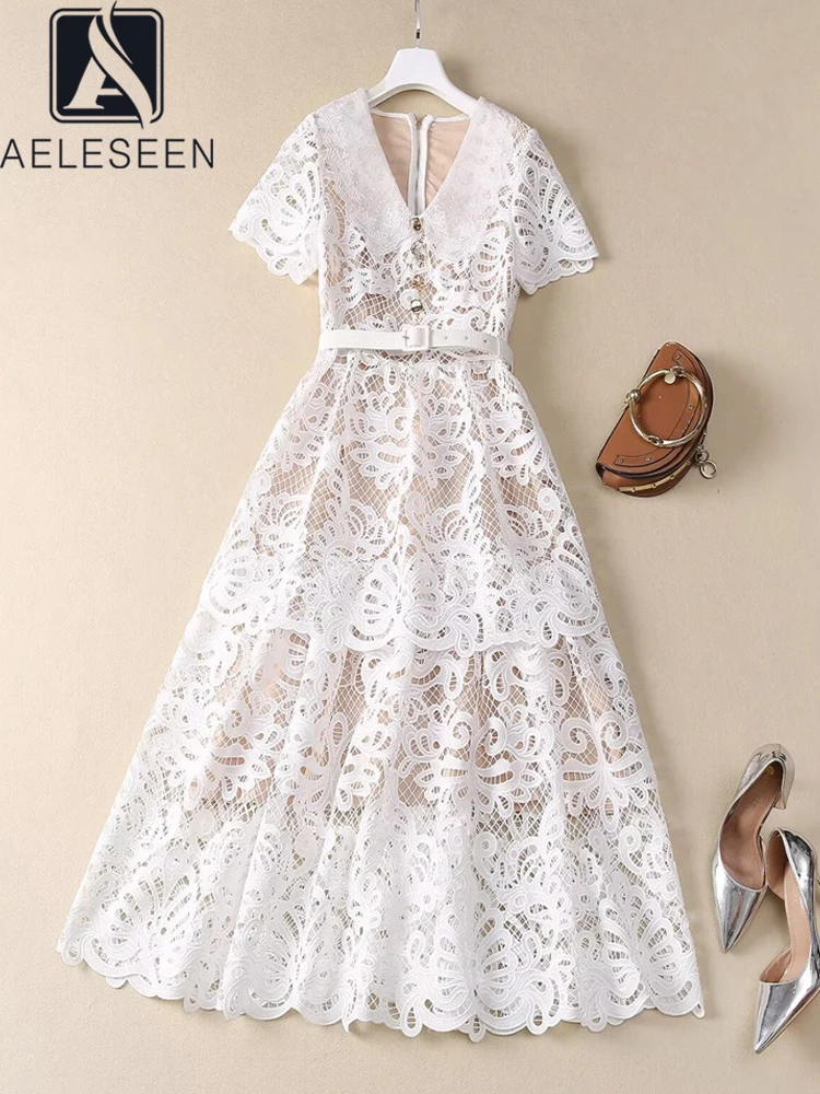 

AELESEEN Runway Fashion Lace Dress Women Summer V-Neck Belt Diamonds Button Elegant Patchwork Long Party Holiday Vacation