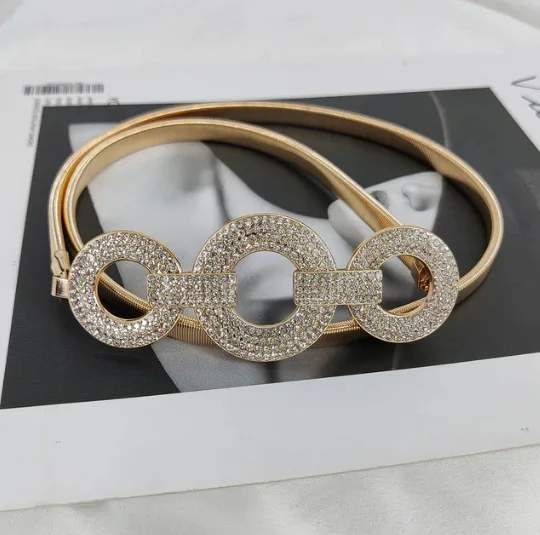 Rhinestone wind spring-type elastic metal waist chain women's decorative thin gold dress belt