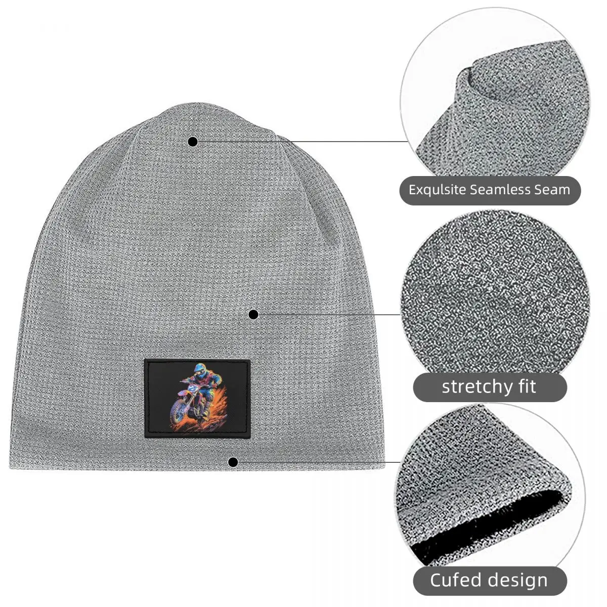 Motocross Dirt Bike In Action Waffle Knit Fleece Lined Beanie with PU Leather Patch Unisex Warm Winter Soft Cap