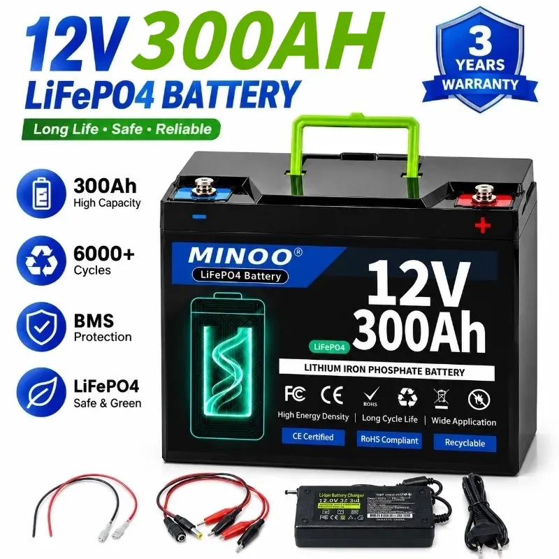 12V 300Ah LiFePO4 Rechargeable Lithium Battery Built-in BMS for Ride on Toys Solar Panels Fish Finders Power Wheels 300000mAH