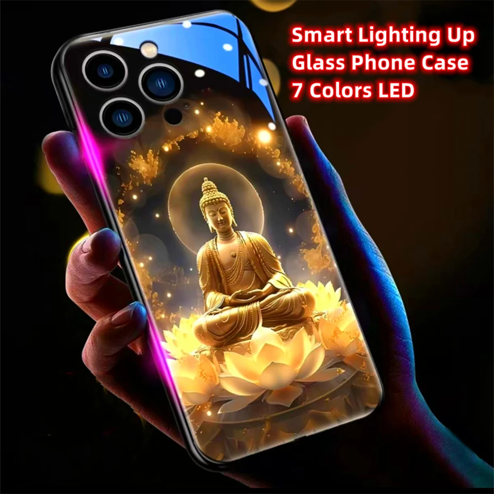 

Чехлы со светодиодной вспышкой Lotus Buddha Sound Control со светящимся стеклом для Samsung S25 S24 S23 S22 S21 S20 FE Note 10 20 Plus Ultra A54