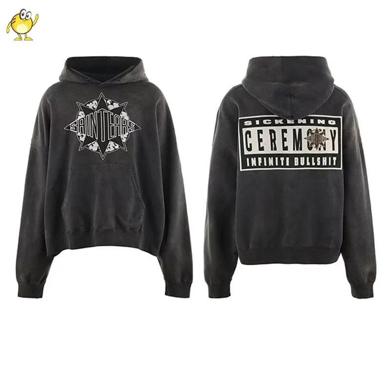 Washed Grey SAINT TEARS Hooded Hoodies Men Woman 1:1 Damaged High Street Hip Hop Pullover Sweatshirts 2024 Autumn Winter New