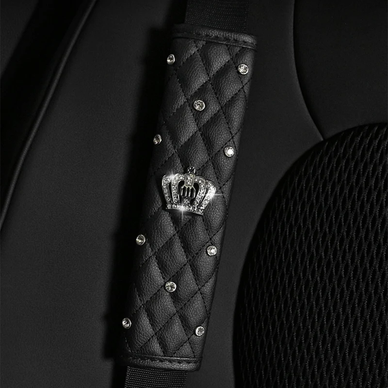 PU Leather Car Seat Belt Cover Shoulder Seat Belt Pad Rhinestones Crown 4 PCS Adults Youth