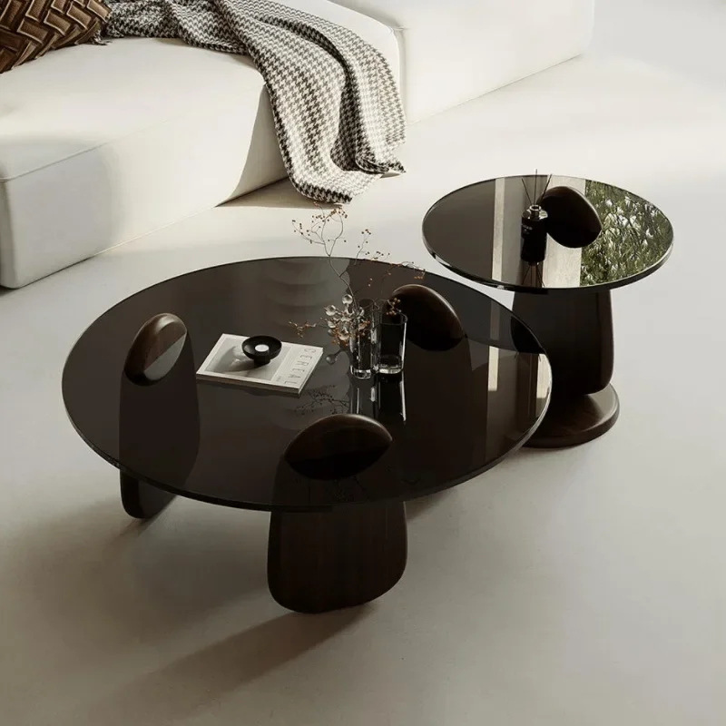 2023 Solid Wood Coffee Table Combination Nordic Simple Fashion Side-table  Small Living Room Celebrity Round Toughened Glass Top