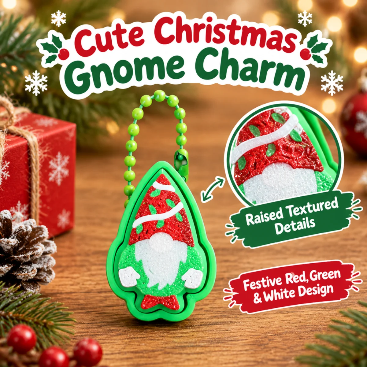 1pc Cute Christmas Tree Shape Gnome Charm,3D Printed Eco-friendly PLA,Fidget Clicker Toy,Keychain Pendant for Keys & Backpack
