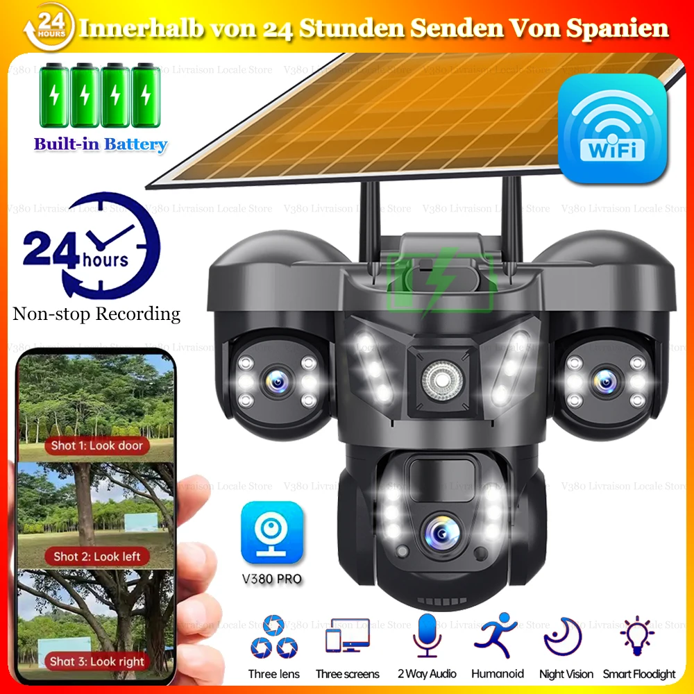 WiFi-Solarkameras mit 3 Objektiven und 3 Überwachungswinkeln für den Außenbereich, Smart-Home-Sicherheitsschutz, HD-Nachtsicht, 360° PTZ-Fernsteuerung, kabellose Solarbetriebene IP-Solarkamera,