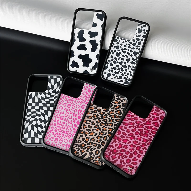 Wildflower 3D Leopard Checkered pattern Phone Case for iPhone 16 15 14 13 12 Pro Max Plus WF Creative Cow Cute Back Cover Funda