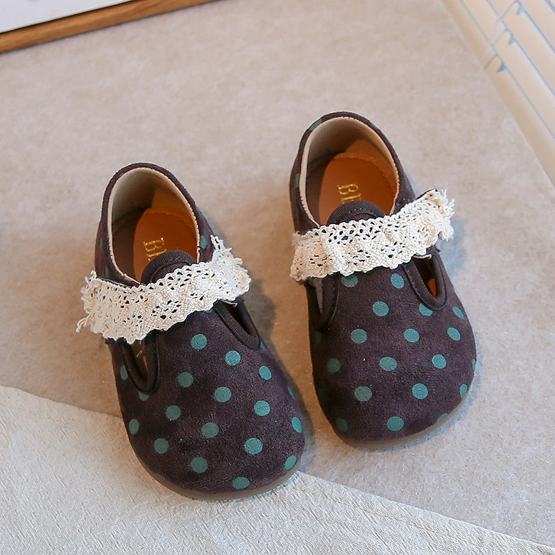 

Cute Polka Dot Pattern Casual Shoes Girl 2025 Autumn Slip On Flat Heel Lace Strap Slides Soft Sole Non Clip Ballet Shoes Child