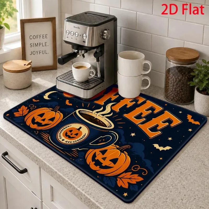 Super Absorbent Mat 2D Flat Halloween Coffee Time Pad Dish Drying Cushion Pumpkin Face Espresso Machine Placement Rug