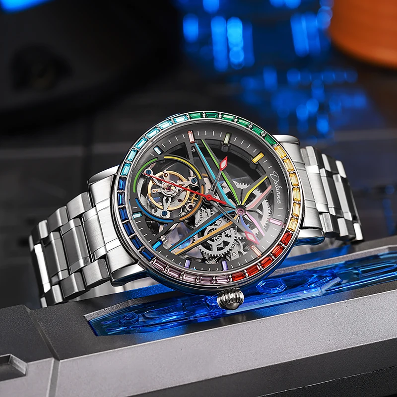 Rainbow Colored Gemstone Tourbillon Fashion Skeleton Watch Men Waterproof 30M Sports Watches Luxury Automatic Mechanical Clock