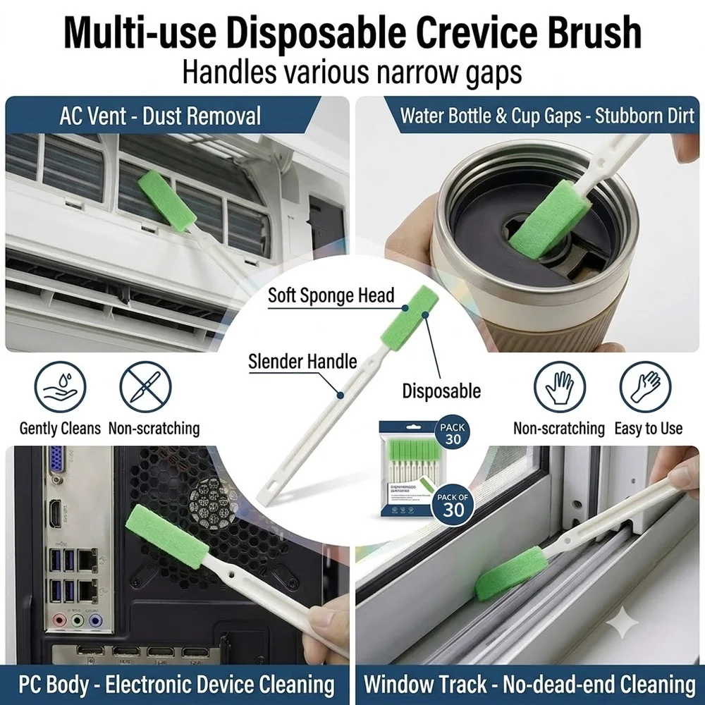 30 Pack Disposable Crevice Cleaning Brushes, Long Single Use Gap Scrub Brushes for AC Vents, Window Tracks, Sink Edges