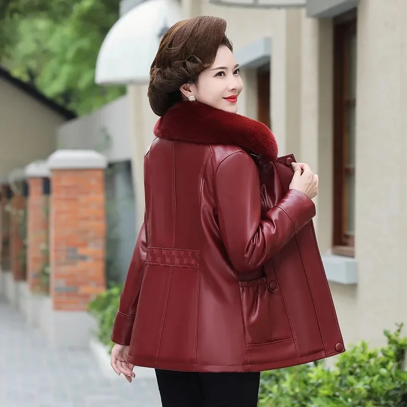 Mom PU Leather Coats New Fashion Ladies Middle-Aged Old-Aged Jacket Autumn Winter Outwear Add Velvet Padded Short Overcoat Women