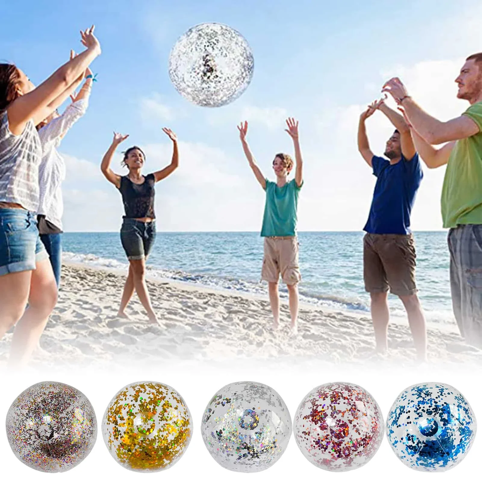 40cm Inflatable Glitter Beach Ball Summer Water Ball Sequin Beach Toys for Beach Swimming Pool Play Party Toys for Kids Adult