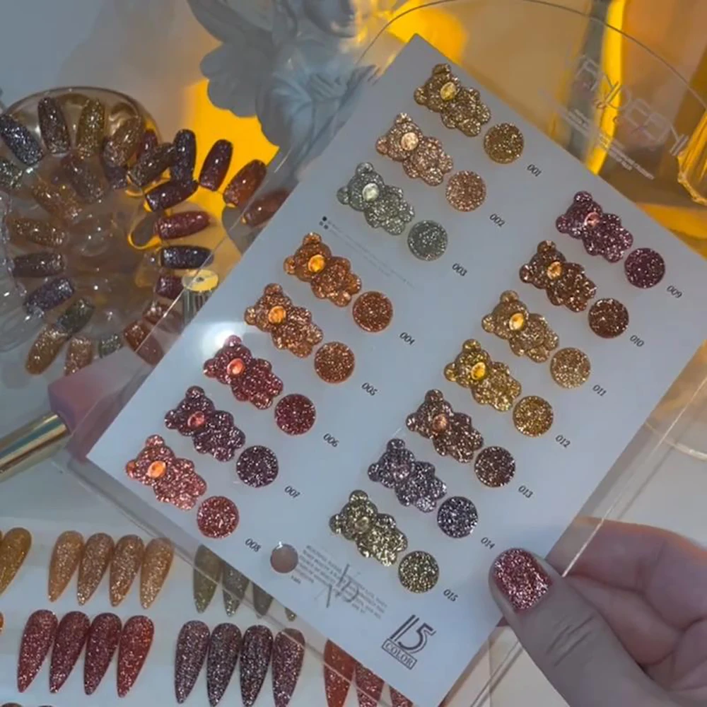 Vendeeni 15 Farben/Set Herbstfarben Glitzer-Brocken-Diamant Gel-Nagellack Orange Glanz UV LED Aushärtbarer Gel-Lack mit Display – Detail 4