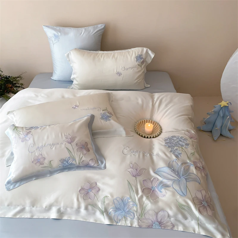 800TC Lyocell Bedding Set Floral Embroidery Silky Soft Cooling Duvet Cover Set Pillowcases, Queen King Size, Summer Bed Linen