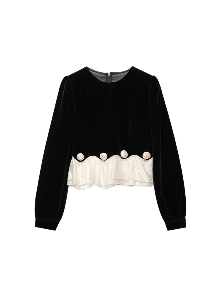 2024 Spring Autumn French Stylish and Exquisite Velvet Short Top for Women vintage clothes High quality long sleeves tops Female