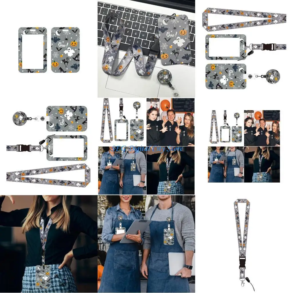 U75B حامل بطاقة الهالوين الرقبة الحبل المعلم الحبل القرع الرقبة حزام قابل للسحب شارة حامل للطلاب البالغين #1