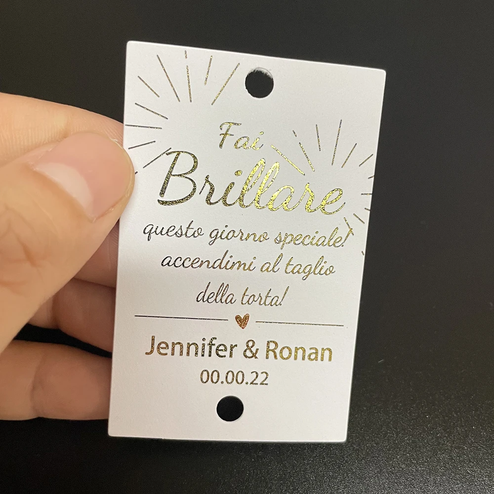 Etiquetas personalizadas de papel de aluminio brillante para boda, barras brillantes de fuegos artificiales, Color dorado, 100 piezas