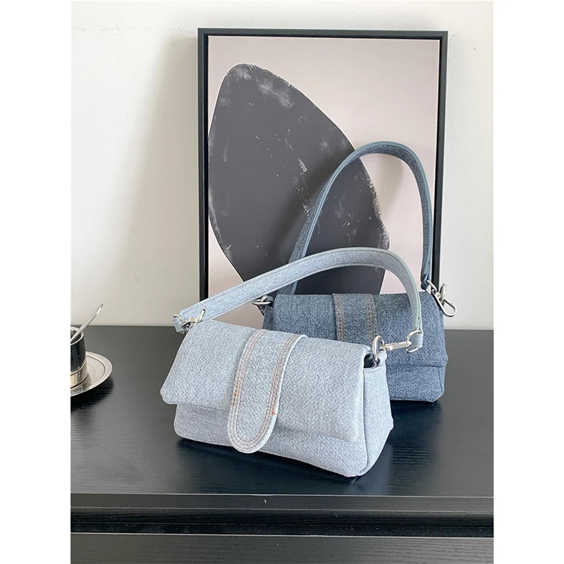 Korean Version Niche Designer Style Denim Bag Advanced Sense Simple New Fashion Shoulder Bag Women Popular Commuter Underarm Bag