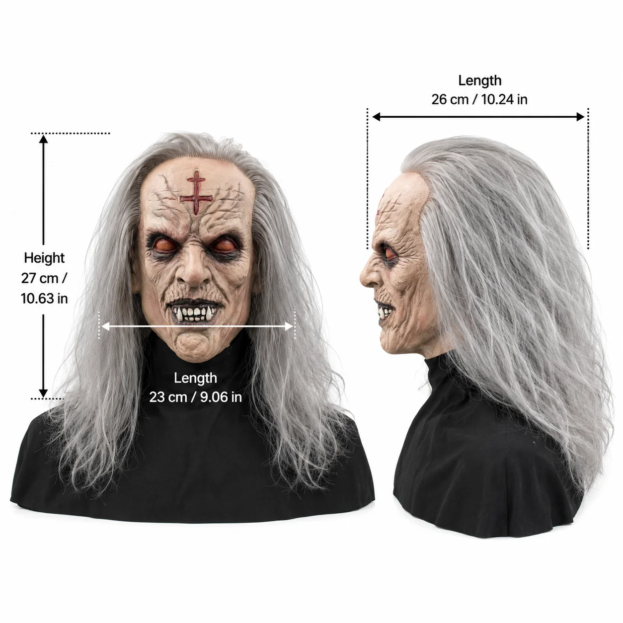 Scary Old Demon Latex Mask Full Head Long Gray Hair Horror Monster Halloween Cosplay Party Prop